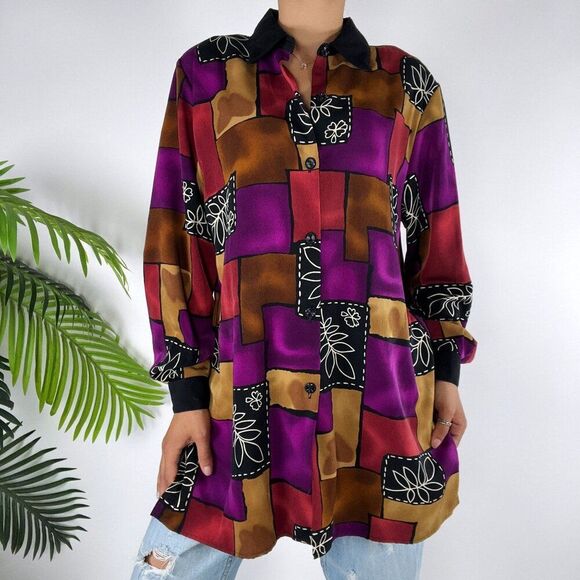 Vintage 90s Purple Abstract Patchwork Boho Oversized Long Sleeve Button Up / 10 - Picture 3 of 6